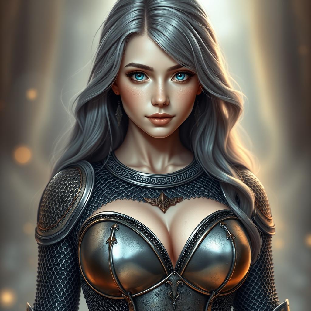 A very busty European cleric girl with bright turquoise eyes and long ash grey hair