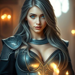 A very busty European cleric girl with bright turquoise eyes and long ash grey hair