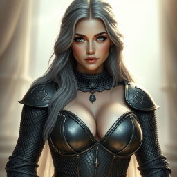 A very busty European cleric girl with bright turquoise eyes and long ash grey hair
