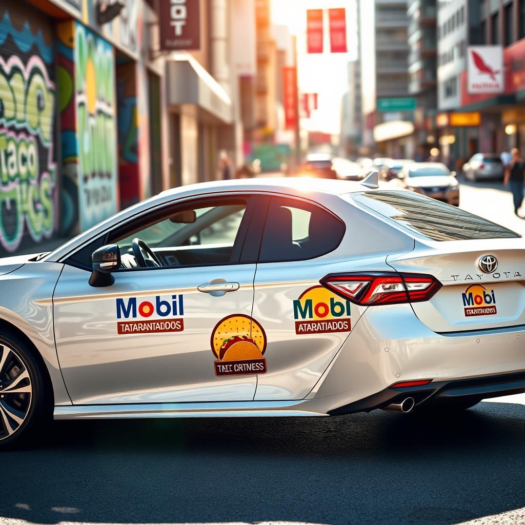 A 2019 Toyota Camry parked in a vibrant urban setting, featuring unique logos from 'Mobil Tacos Atarantados' prominently displayed on the sides