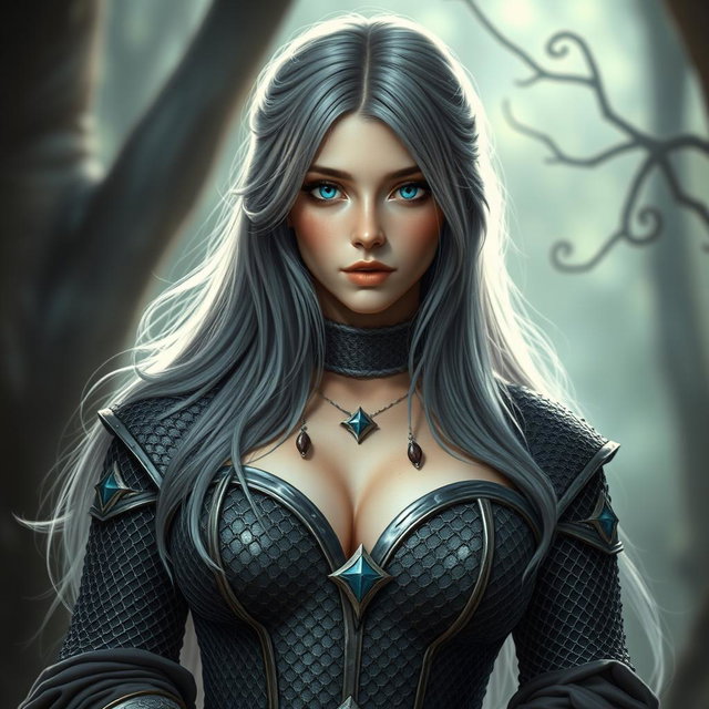 A very busty European cleric girl with bright turquoise eyes and long ash grey hair