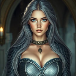 A very busty European cleric girl with bright turquoise eyes and long ash grey hair