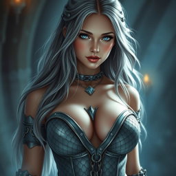 A very busty European cleric girl with bright turquoise eyes and long ash grey hair, showcasing a diamond-shaped, lovely, shy yet caring face