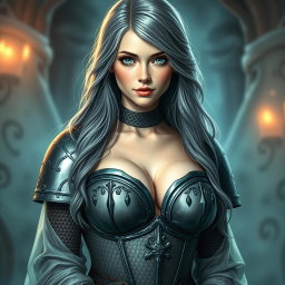 A very busty European cleric girl with bright turquoise eyes and long ash grey hair, showcasing a diamond-shaped, lovely, shy yet caring face