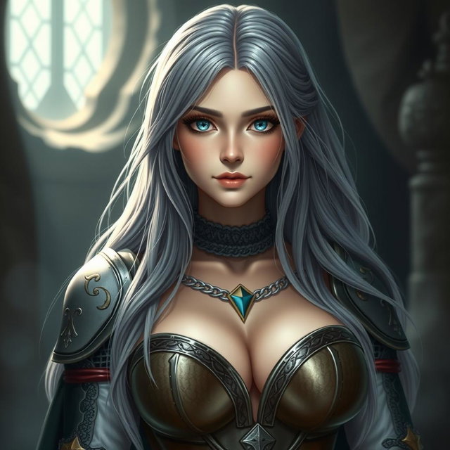 A very busty European cleric girl with bright turquoise eyes and long ash grey hair, showcasing a diamond-shaped, lovely, shy yet caring face