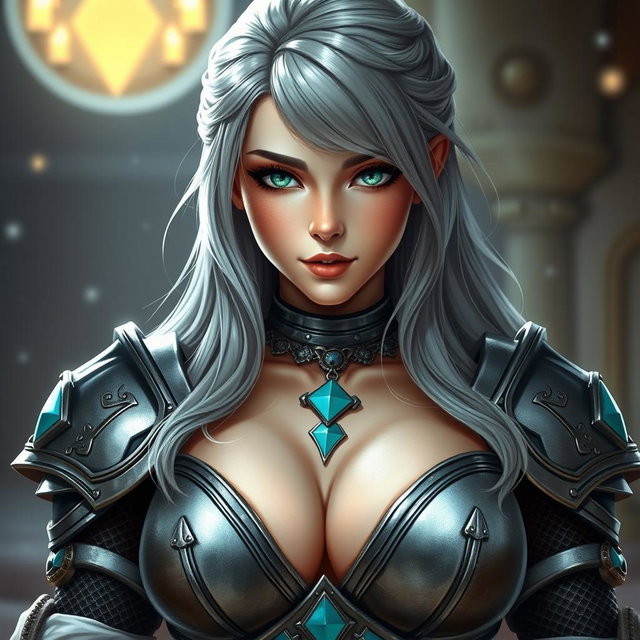 A stunning female cleric character from a fantasy setting, featuring bright turquoise eyes and long ash grey hair
