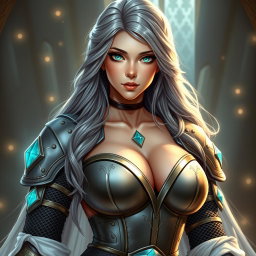 A stunning female cleric character from a fantasy setting, featuring bright turquoise eyes and long ash grey hair