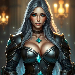 A stunning female cleric character from a fantasy setting, featuring bright turquoise eyes and long ash grey hair