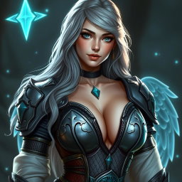 A stunning female cleric character from a fantasy setting, featuring bright turquoise eyes and long ash grey hair