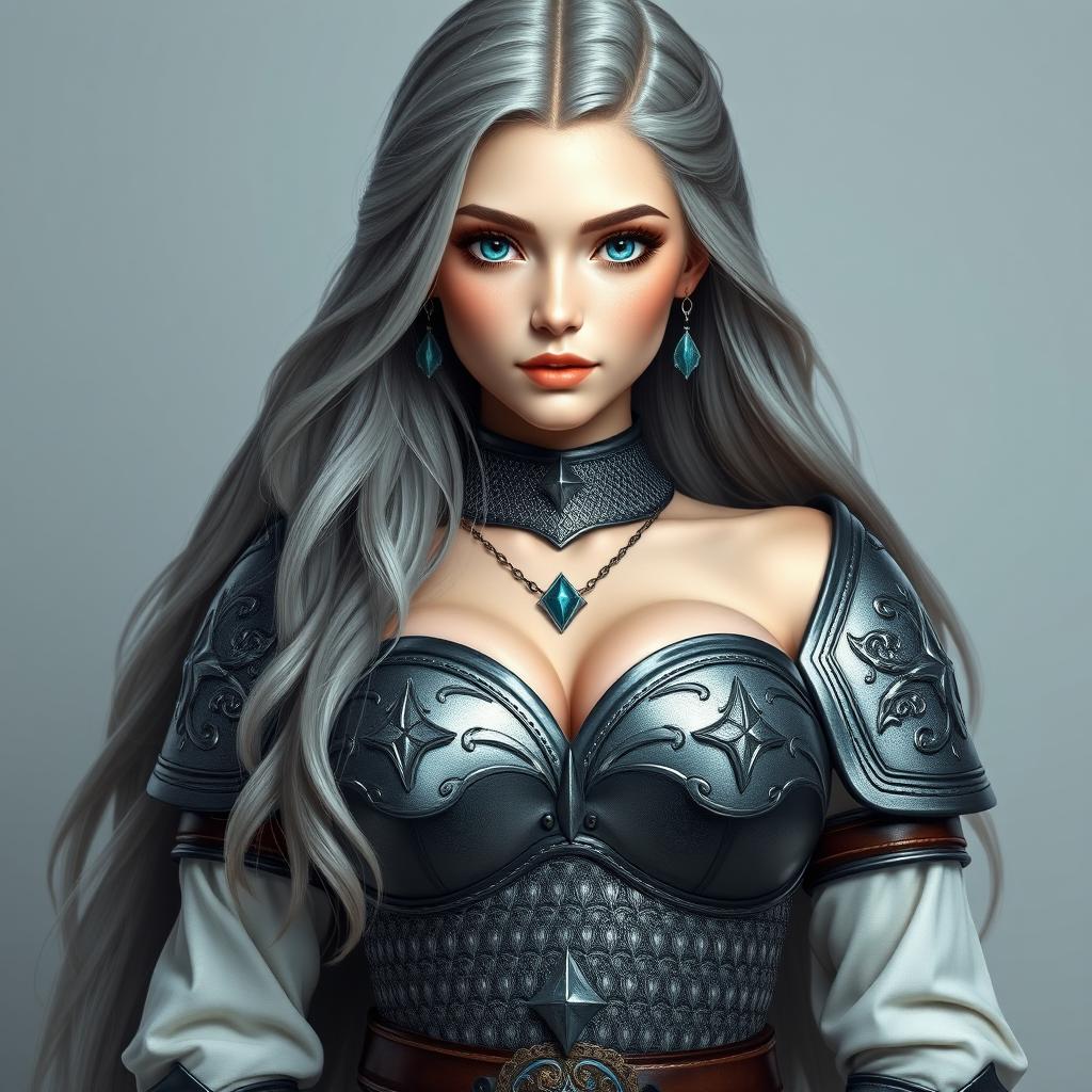 A stunning European cleric girl with very bright turquoise eyes and long, flowing ash grey hair