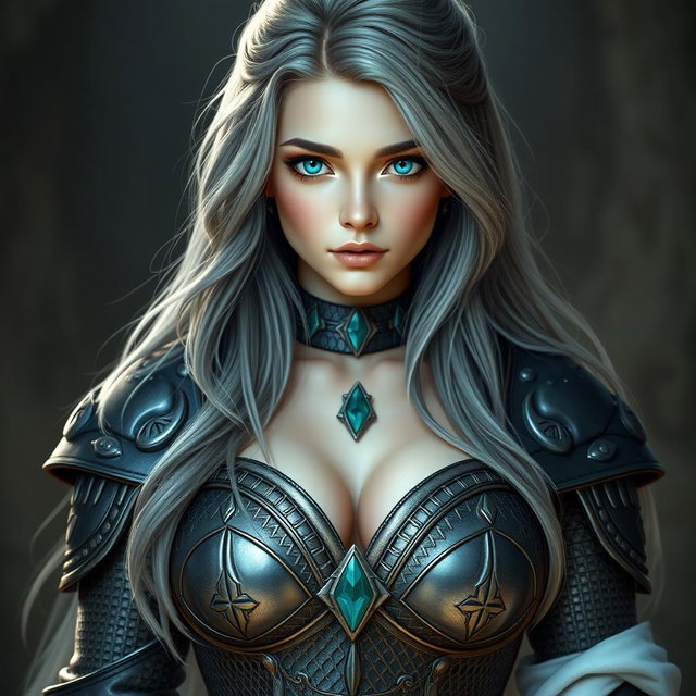 A stunning European cleric girl with very bright turquoise eyes and long, flowing ash grey hair