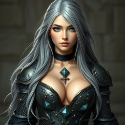 A stunning European cleric girl with very bright turquoise eyes and long, flowing ash grey hair