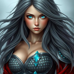 A stunning European cleric girl with very bright turquoise eyes and long, flowing ash grey hair
