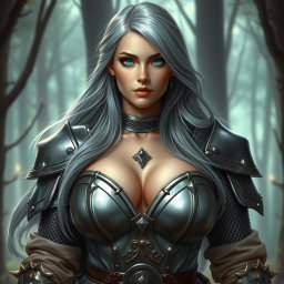 A stunning cleric character from a fantasy realm, featuring a busty European woman with bright turquoise eyes and long, flowing ash grey hair