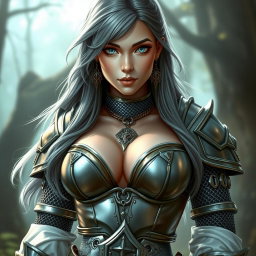 A stunning cleric character from a fantasy realm, featuring a busty European woman with bright turquoise eyes and long, flowing ash grey hair