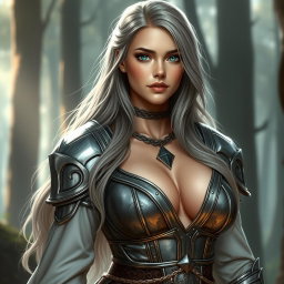 A stunning cleric character from a fantasy realm, featuring a busty European woman with bright turquoise eyes and long, flowing ash grey hair