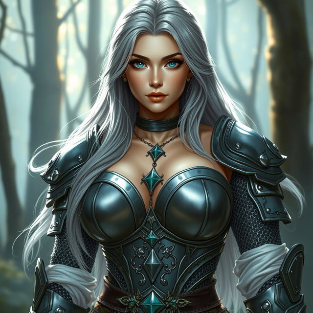 A stunning cleric character from a fantasy realm, featuring a busty European woman with bright turquoise eyes and long, flowing ash grey hair