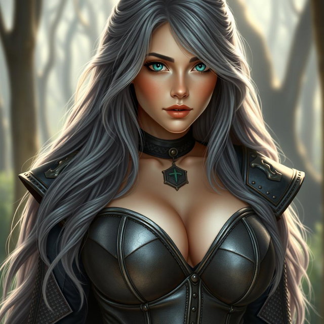 A voluptuous European cleric girl characterized by her stunningly bright turquoise eyes and long, flowing ash grey hair