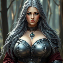 A voluptuous European cleric girl characterized by her stunningly bright turquoise eyes and long, flowing ash grey hair
