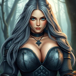 A voluptuous European cleric girl characterized by her stunningly bright turquoise eyes and long, flowing ash grey hair
