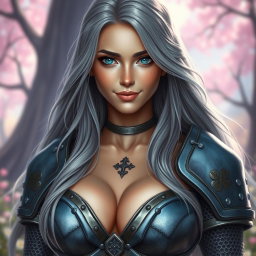 A stunning European cleric character, featuring very bright turquoise eyes and long, flowing ash grey hair