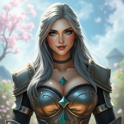 A stunning European cleric character, featuring very bright turquoise eyes and long, flowing ash grey hair