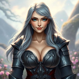 A stunning European cleric character, featuring very bright turquoise eyes and long, flowing ash grey hair