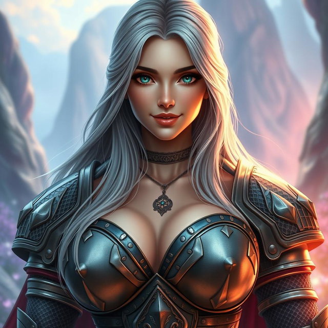 A stunning European cleric character, featuring very bright turquoise eyes and long, flowing ash grey hair