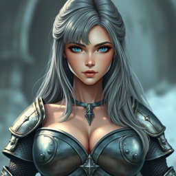 A very busty European cleric girl with bright turquoise eyes and long ash grey hair