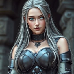 A very busty European cleric girl with bright turquoise eyes and long ash grey hair
