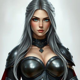 A very busty European cleric girl with bright turquoise eyes and long ash grey hair
