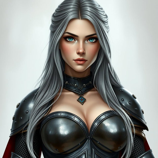 A very busty European cleric girl with bright turquoise eyes and long ash grey hair
