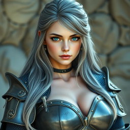 A very busty European cleric girl with bright turquoise eyes and long ash grey hair