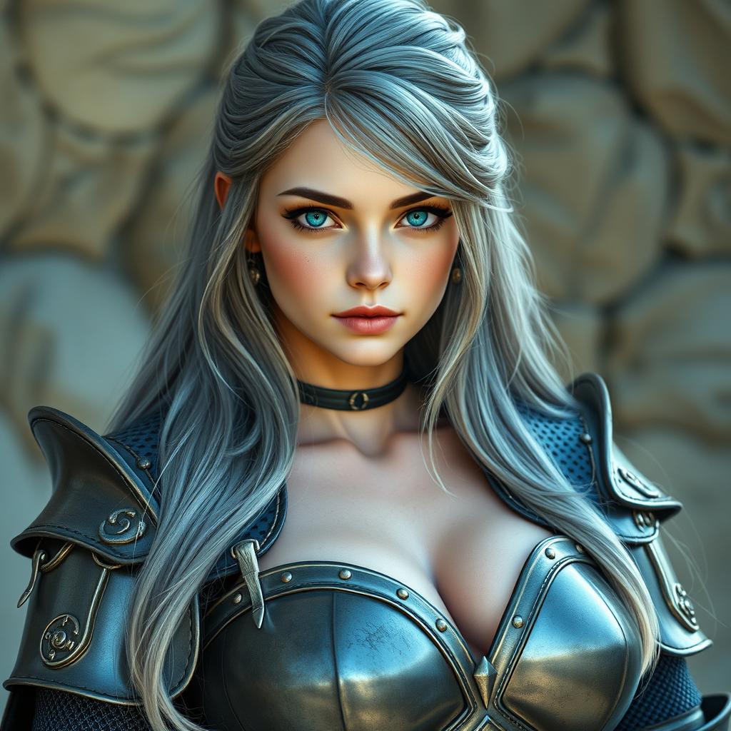 A very busty European cleric girl with bright turquoise eyes and long ash grey hair