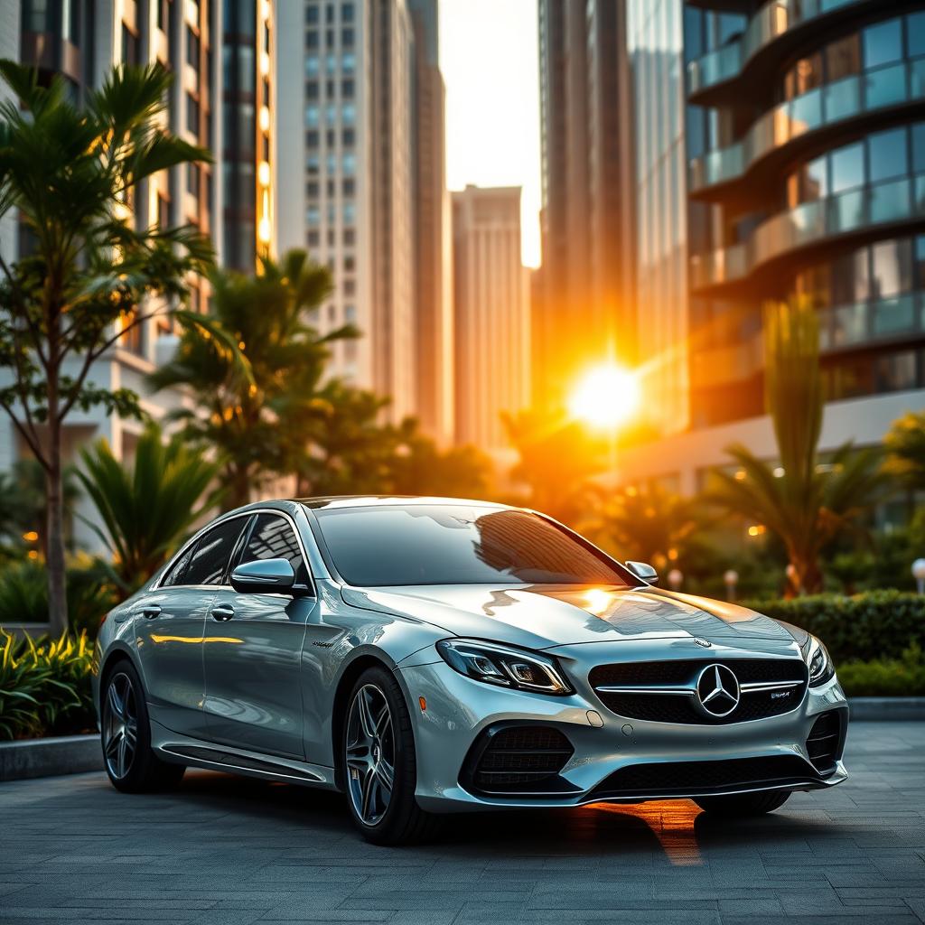 A sleek and luxurious Mercedes-Benz car parked in an upscale urban environment