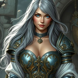 A stunning cleric character for a Dungeons and Dragons setting, featuring a very busty European female with bright turquoise eyes and long, flowing ash grey hair