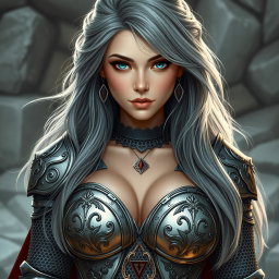 A stunning cleric character for a Dungeons and Dragons setting, featuring a very busty European female with bright turquoise eyes and long, flowing ash grey hair