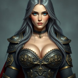 A stunning cleric character for a Dungeons and Dragons setting, featuring a very busty European female with bright turquoise eyes and long, flowing ash grey hair