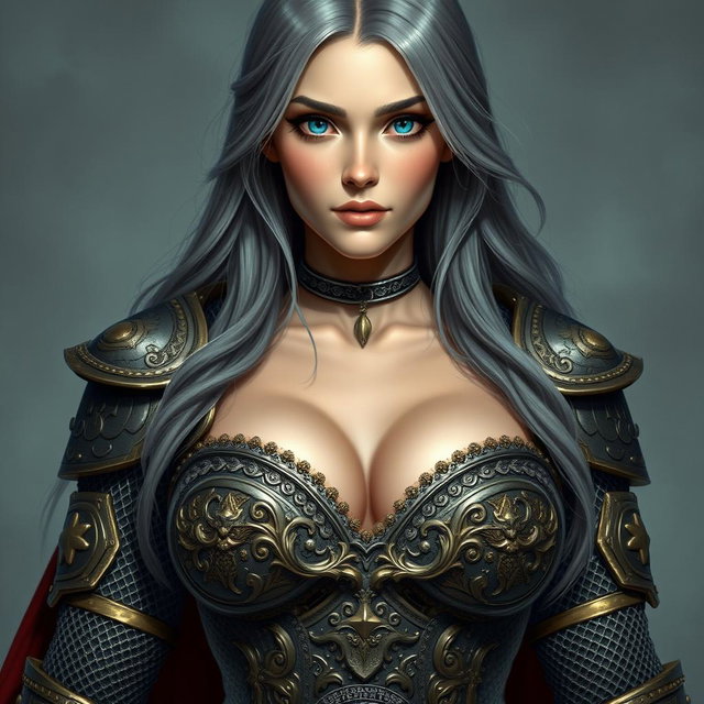 A stunning cleric character for a Dungeons and Dragons setting, featuring a very busty European female with bright turquoise eyes and long, flowing ash grey hair