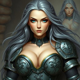 A stunning cleric character for a Dungeons and Dragons setting, featuring a very busty European female with bright turquoise eyes and long, flowing ash grey hair