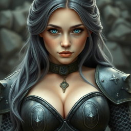 A very busty European cleric girl with bright turquoise eyes and long ash grey hair