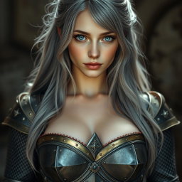 A very busty European cleric girl with bright turquoise eyes and long ash grey hair