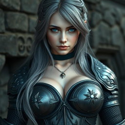 A very busty European cleric girl with bright turquoise eyes and long ash grey hair