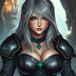A very busty European female cleric character with bright turquoise eyes and long, ash grey hair