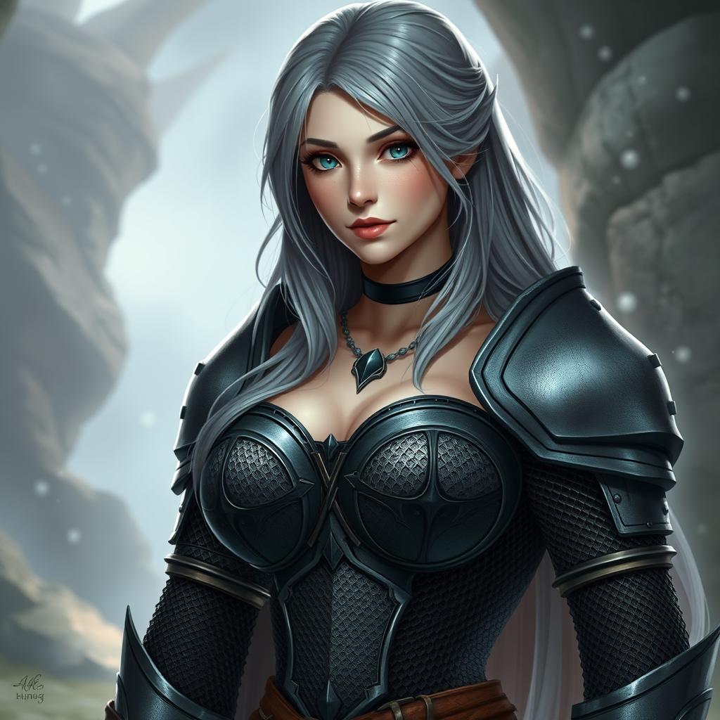 A very busty European female cleric character with bright turquoise eyes and long, ash grey hair