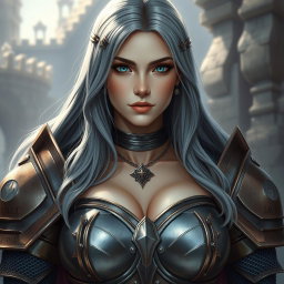 A very busty European female cleric character with bright turquoise eyes and long, ash grey hair