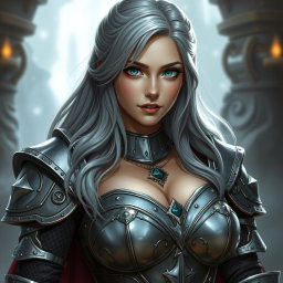 A very busty European female cleric character with bright turquoise eyes and long, ash grey hair