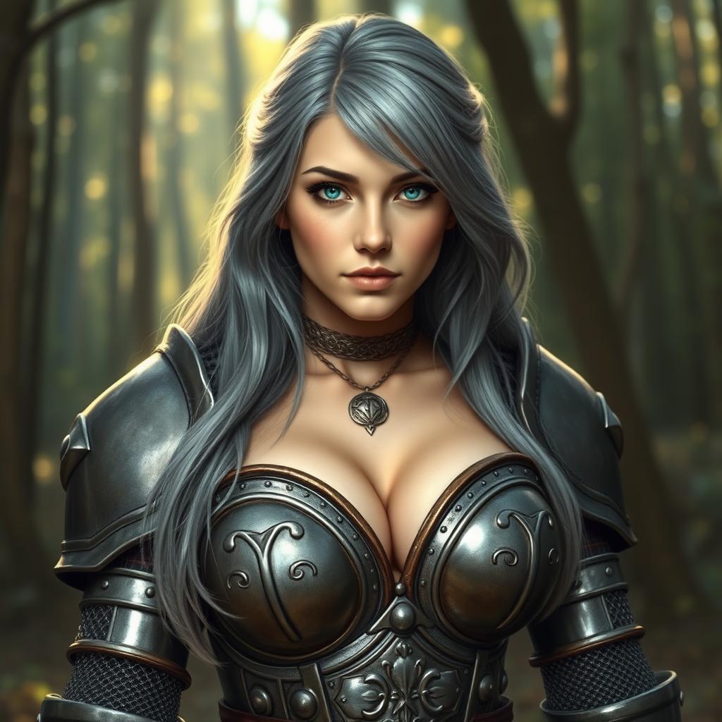 A very busty and kind European cleric girl with bright turquoise eyes and long ash grey hair, featuring an oval shaped lovely shy face