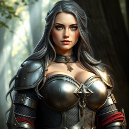 A very busty and kind European cleric girl with bright turquoise eyes and long ash grey hair, featuring an oval shaped lovely shy face