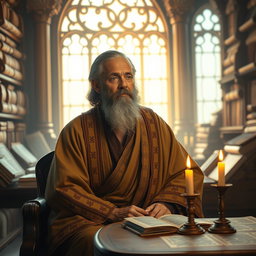 A wise man named Daniel, depicted as a middle-aged man with a solemn expression, sitting in a beautifully decorated ancient library filled with scrolls and religious texts